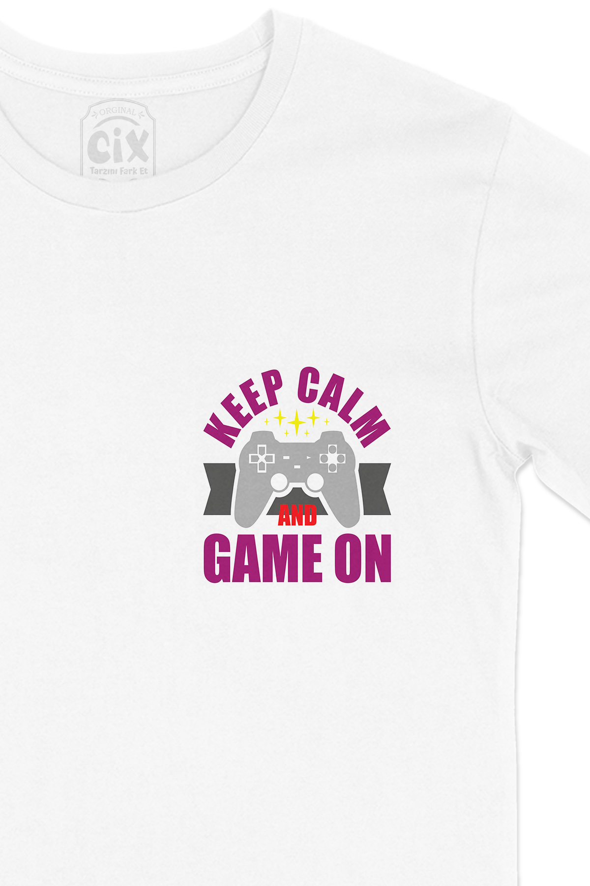 Mor Keep Calm Game On Cep Logo Tasarımlı Beyaz Tişört