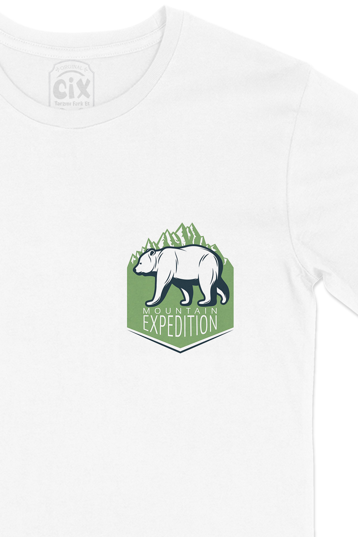 Mountain Expedition Cep Logo Tasarımlı Beyaz Tişört