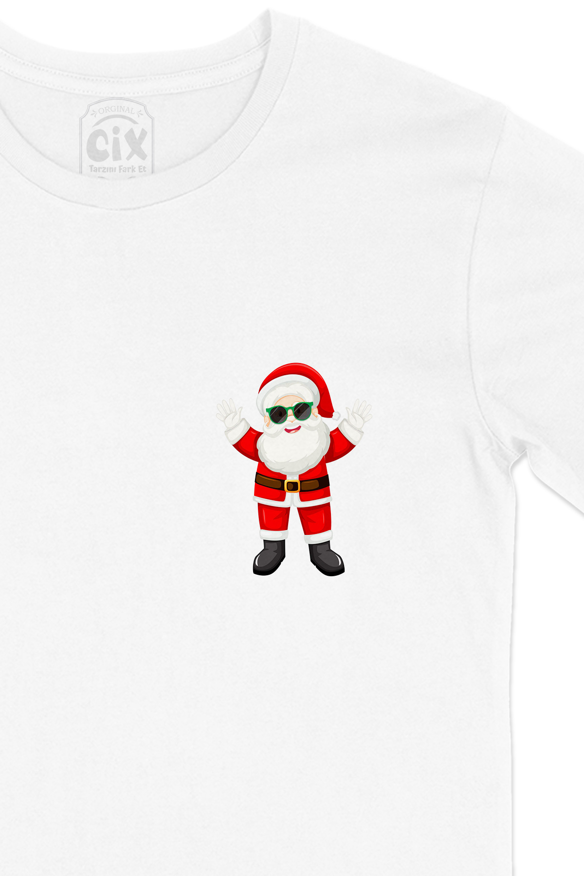 Mutlu Santa Claus Yılbaşı Cep Logo Tasarımlı Beyaz Tişört