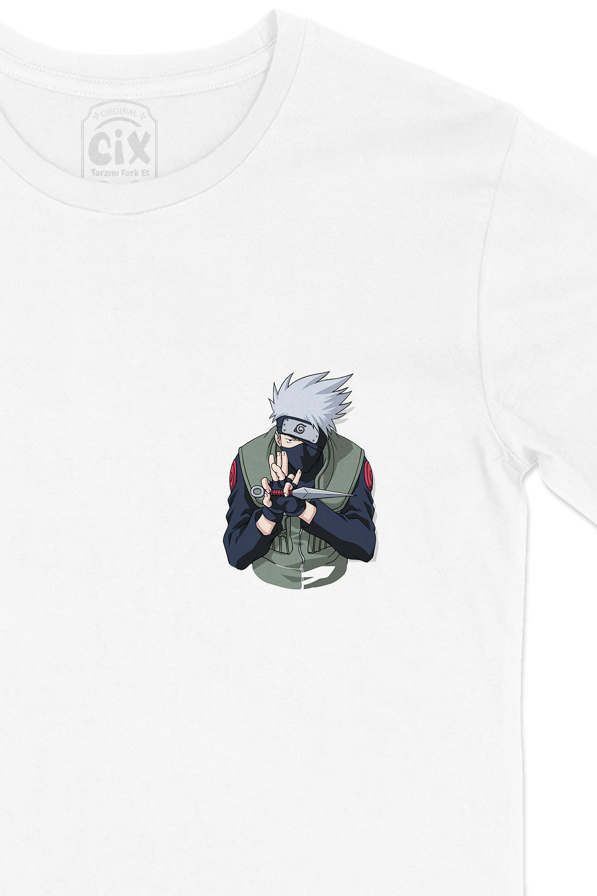 Naruto Kakashi Hatake Cep Logo Tasarımlı Beyaz Tişört