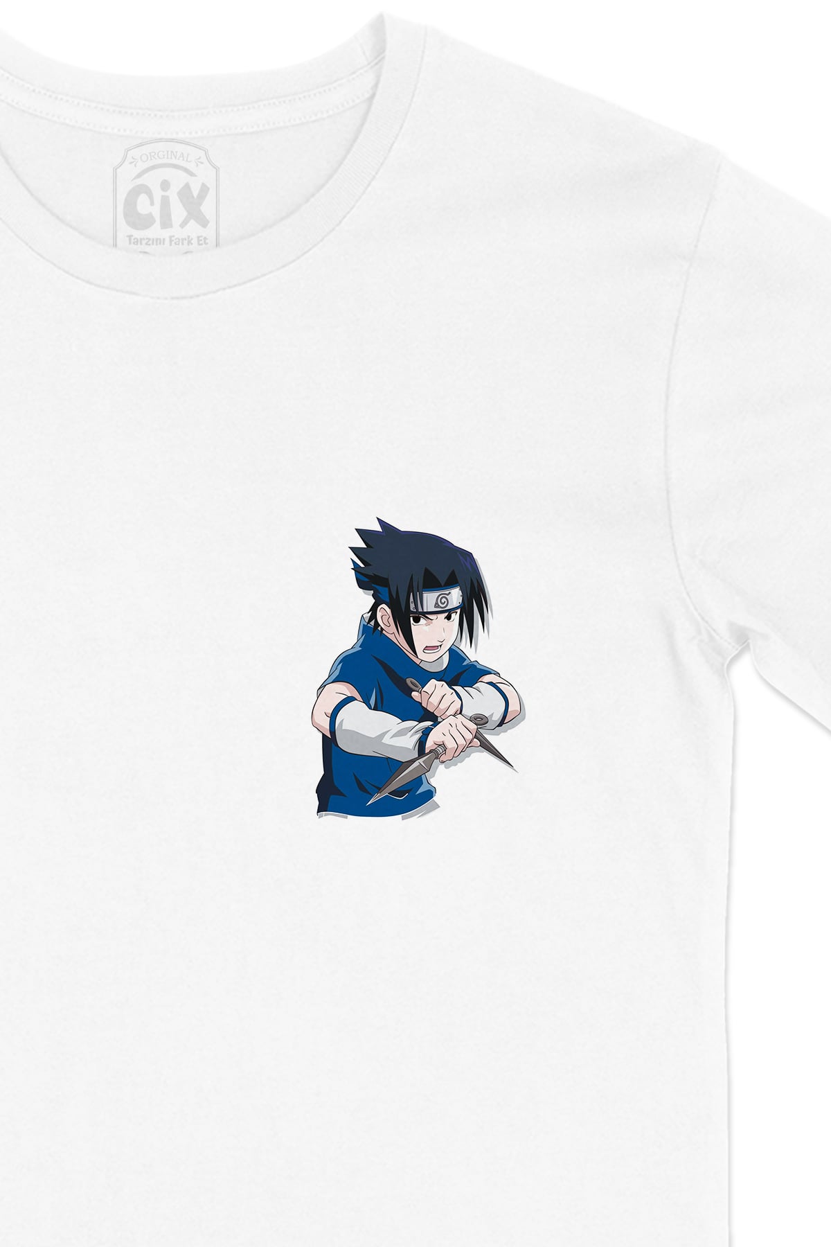 Naruto Sasuke Uchiha Cep Logo Tasarımlı Beyaz Tişört