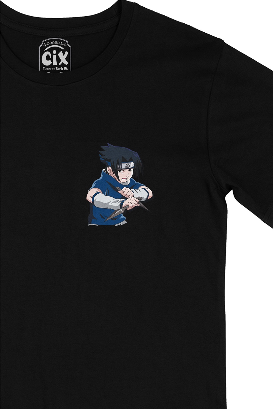 Naruto Sasuke Uchiha Cep Logo Tasarımlı Siyah Tişört