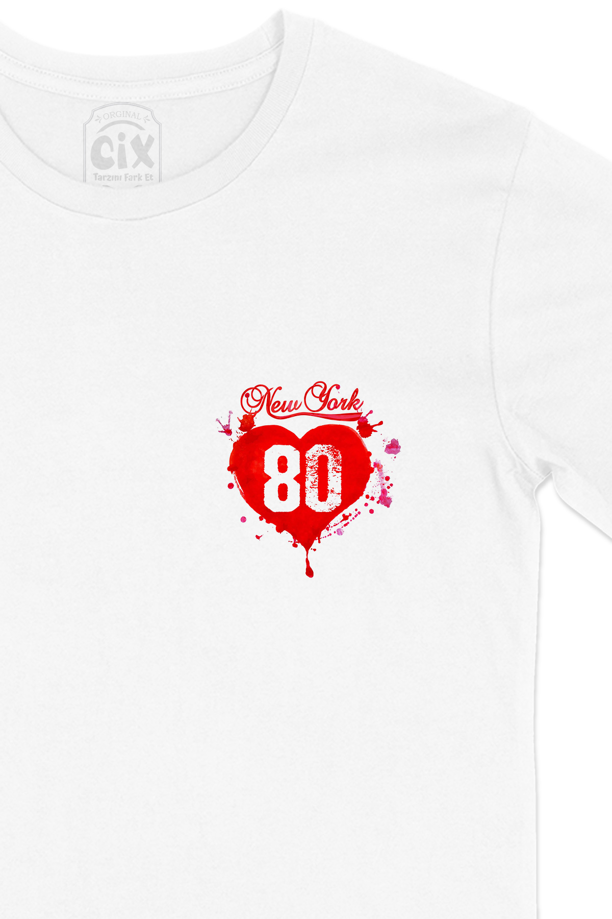 New York 80 Cep Logo Tasarımlı Beyaz Tişört