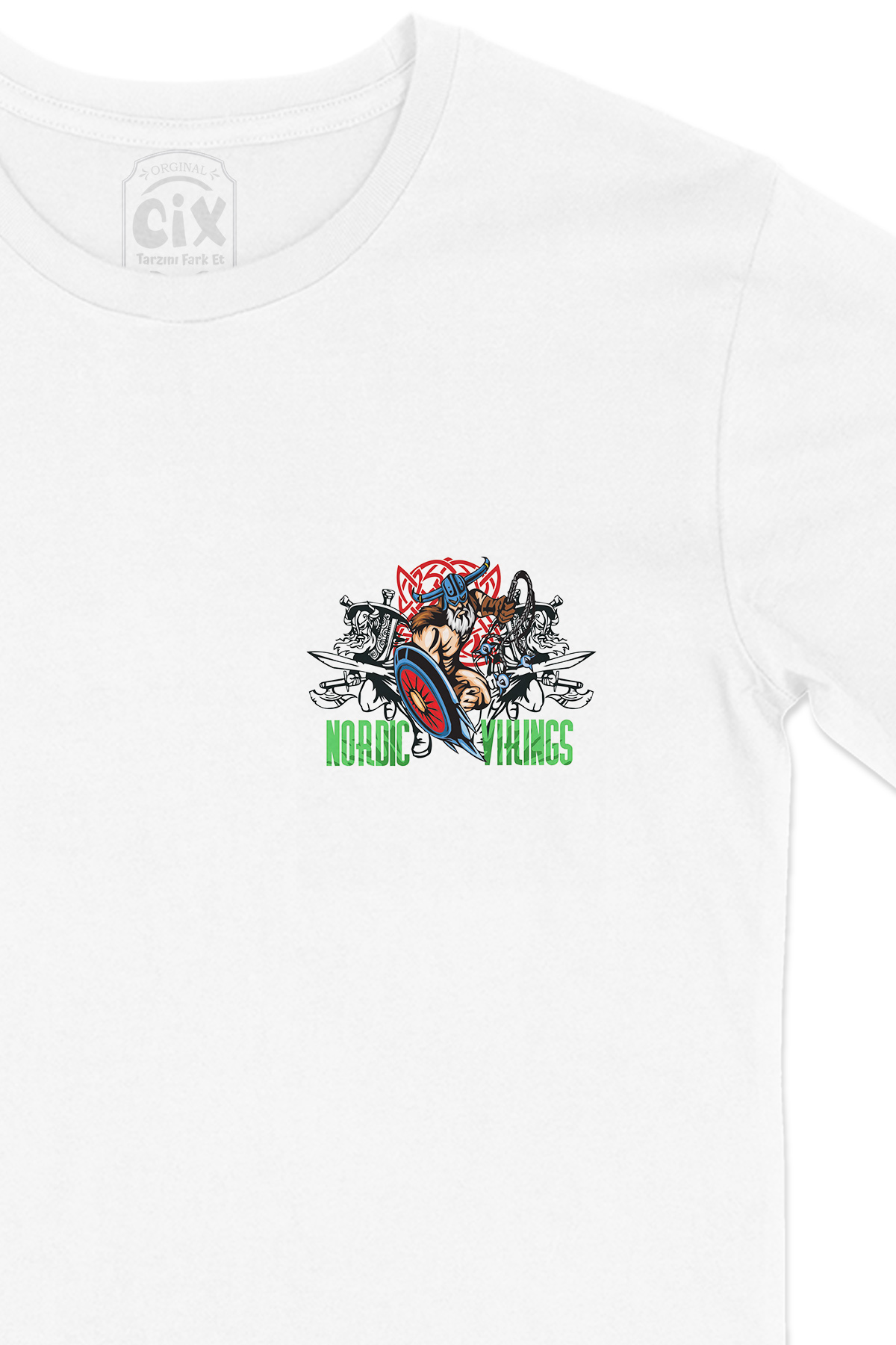 Nordic Vikingler Cep Logo Tasarımlı Beyaz Tişört