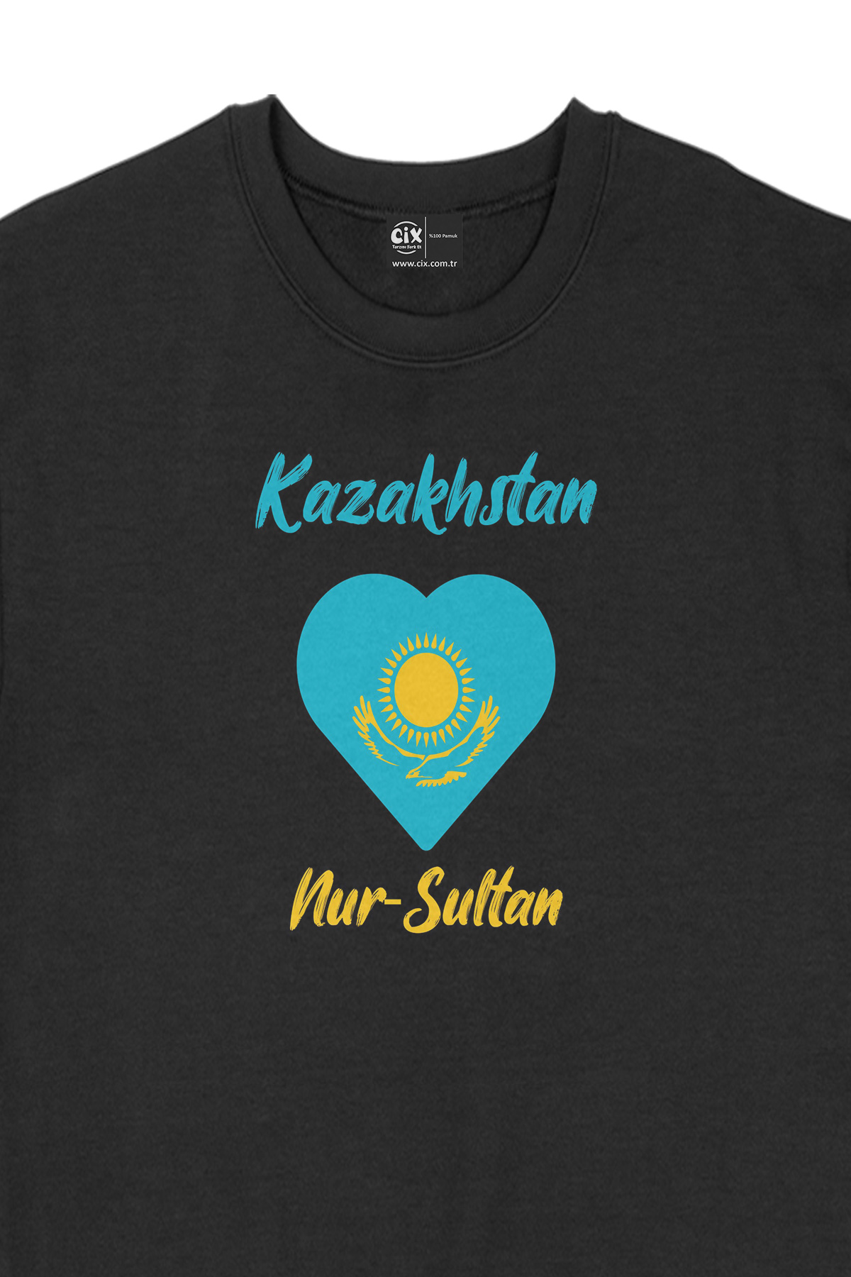 Nur Sultan Kazakistan Bayraklı Kalpli Siyah Sweatshirt