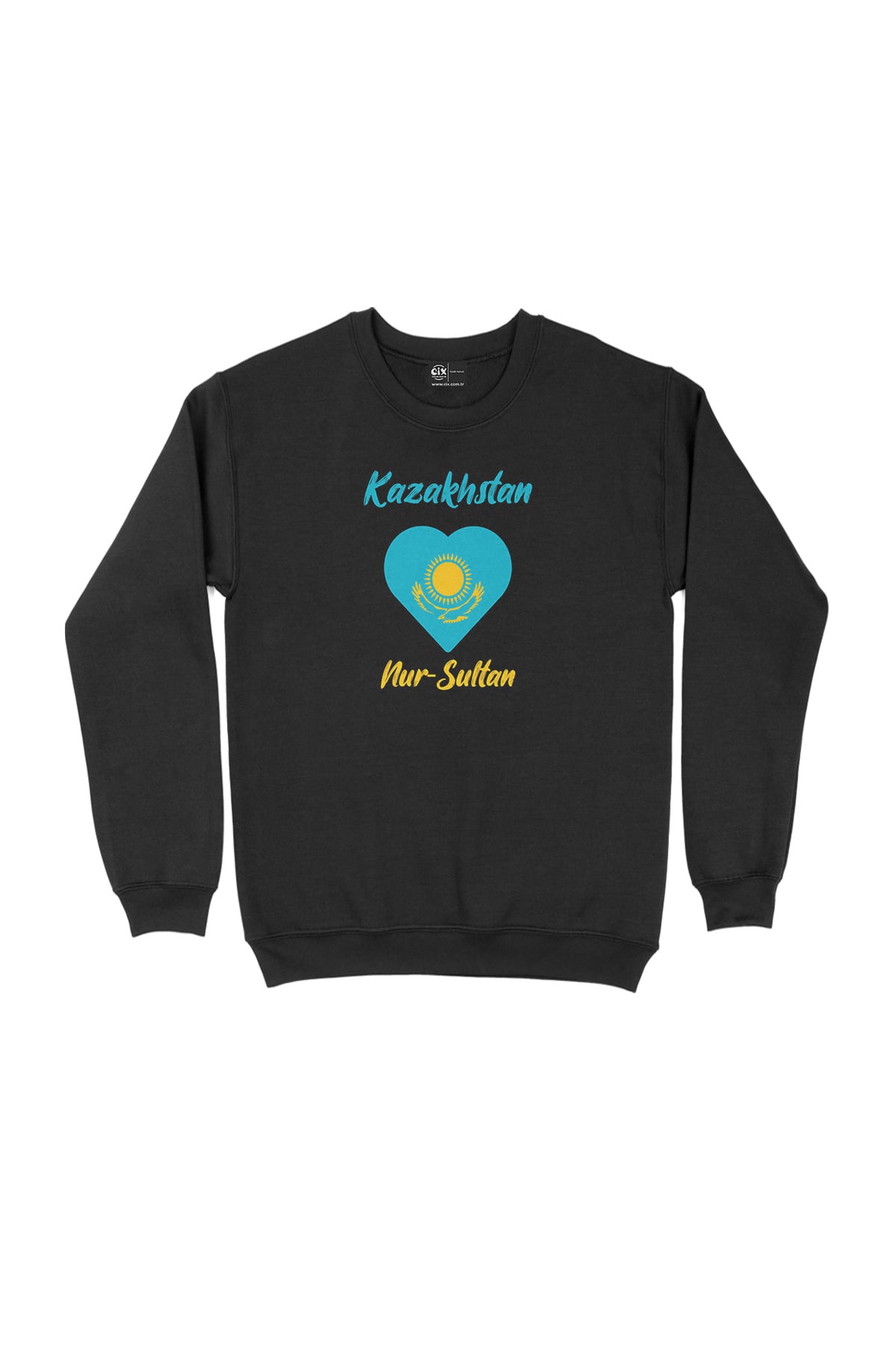 Nur Sultan Kazakistan Bayraklı Kalpli Siyah Sweatshirt