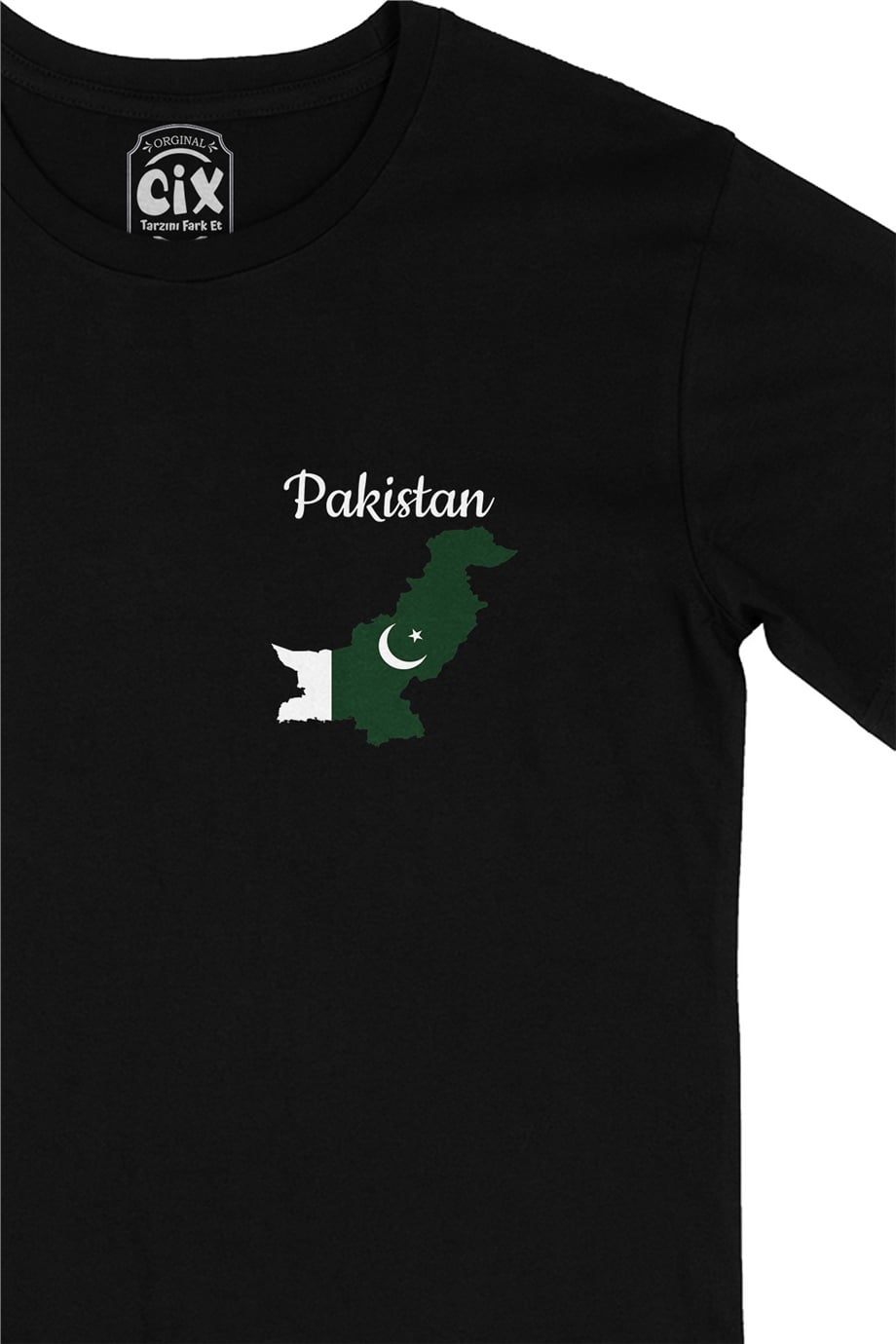 Pakistan Haritalı ve Bayraklı Cep Logo Tasarımlı Siyah Tişört