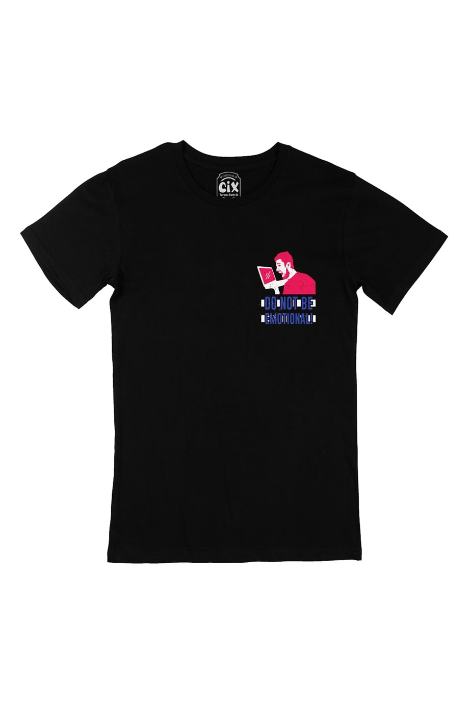 Pembe Do Not Be Emotional Cep Logo Tasarımlı Siyah Tişört