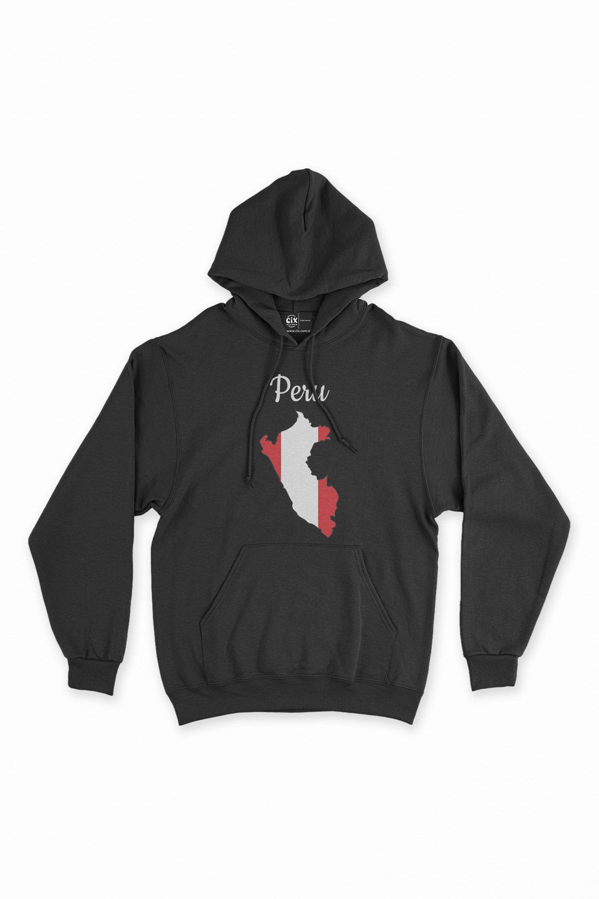 Peru Haritalı ve Bayraklı Siyah Kapşonlu Sweatshirt Hoodie