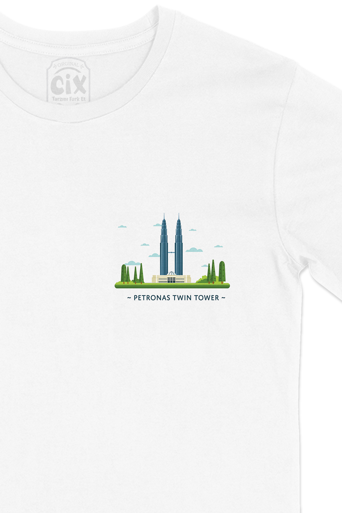 Petronas İkiz Kuleleri Cep Logo Tasarımlı Beyaz Tişört