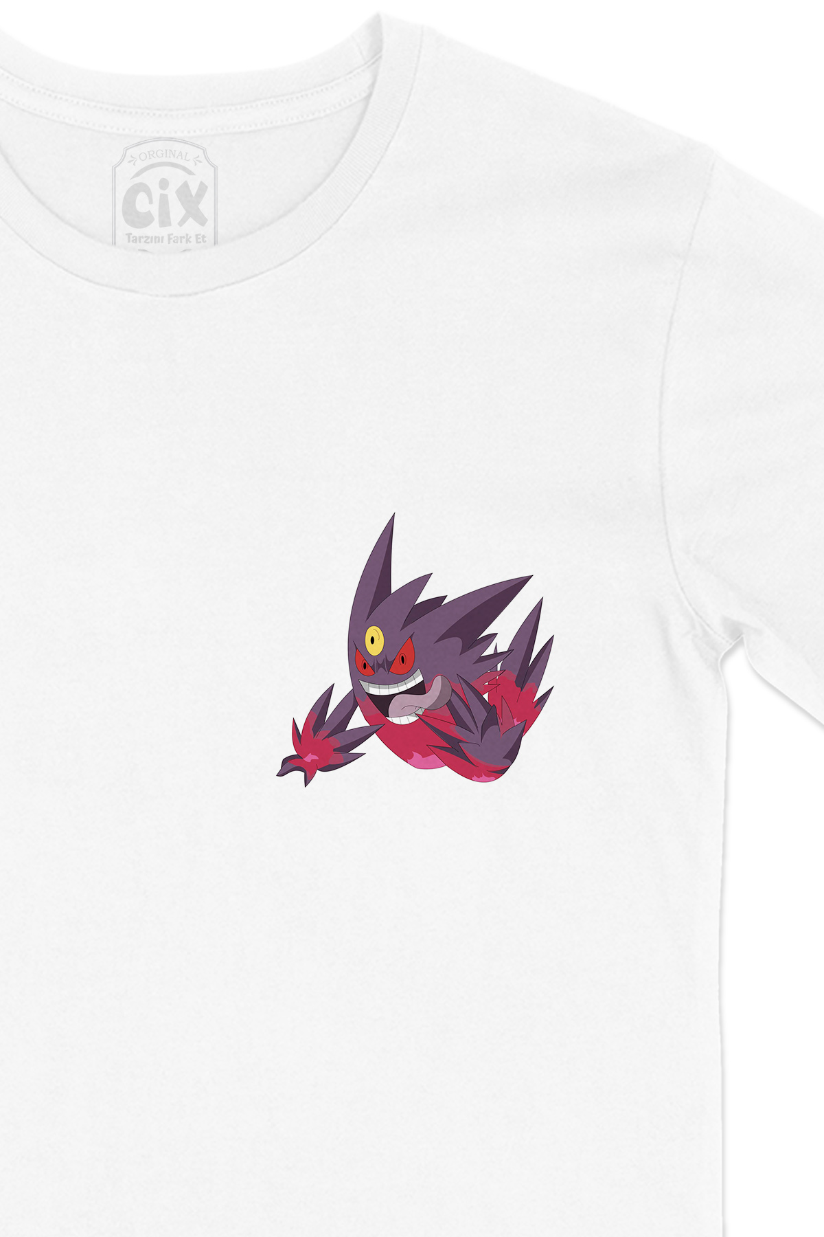 Pokemon Mega Gengar Cep Logo Tasarımlı Beyaz Tişört