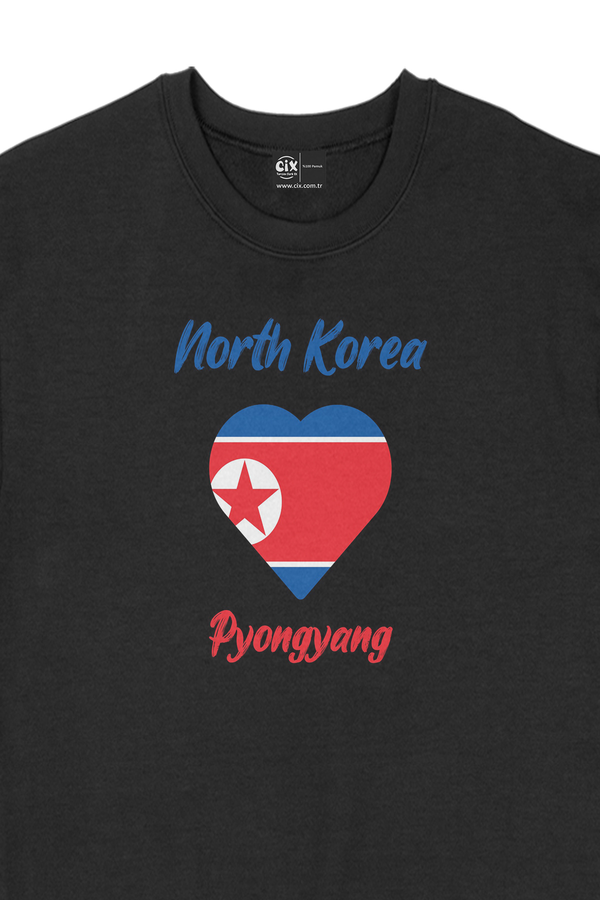 Pyongyang Kuzey Kore Bayraklı Kalpli Siyah Sweatshirt