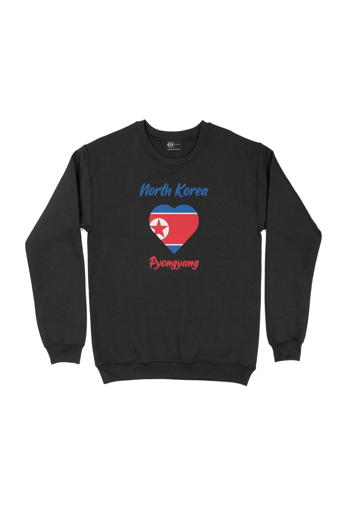 Pyongyang Kuzey Kore Bayraklı Kalpli Siyah Sweatshirt