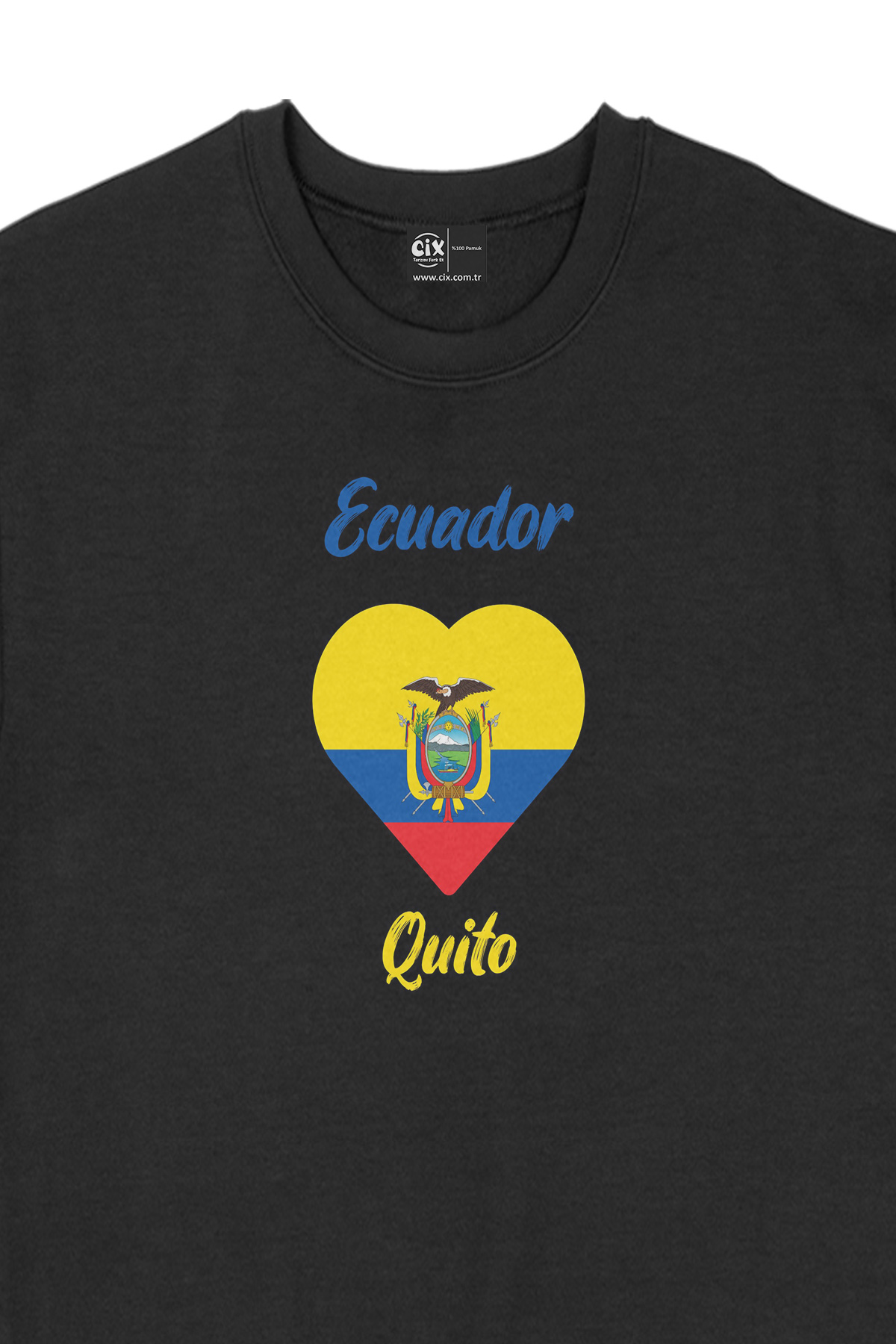 Quito Ekvator Bayraklı Kalpli Siyah Sweatshirt
