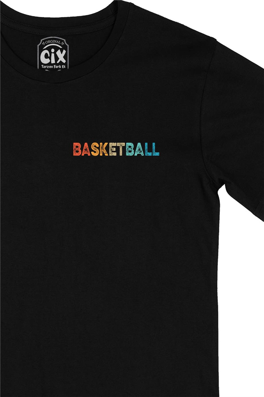 Renkli Basketball Cep Tasarım Baskılı Siyah Tişört