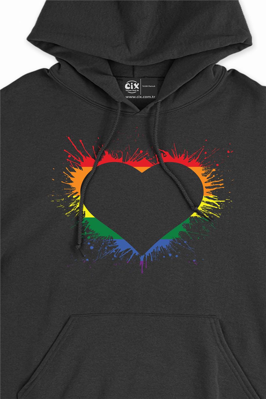 Renkli Dağınık Kalpli Kapşonlu Sweatshirt Hoodie
