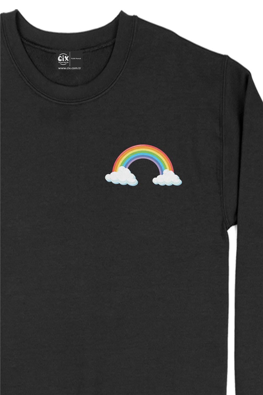 Renkli Gökkuşağı Bulutlu Cep Tasarım Baskılı Sweatshirt