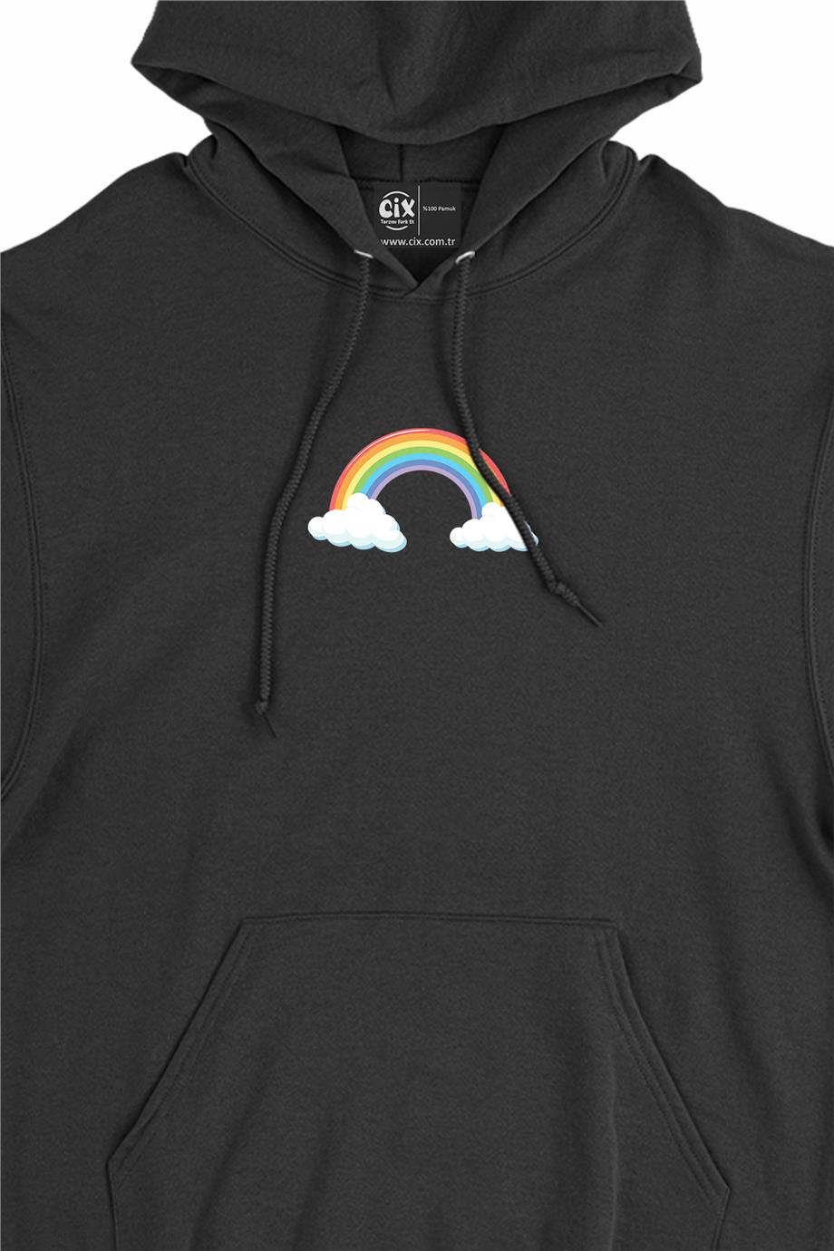 Renkli Gökkuşağı Bulutlu Minimal Kapşonlu Sweatshirt Hoodie