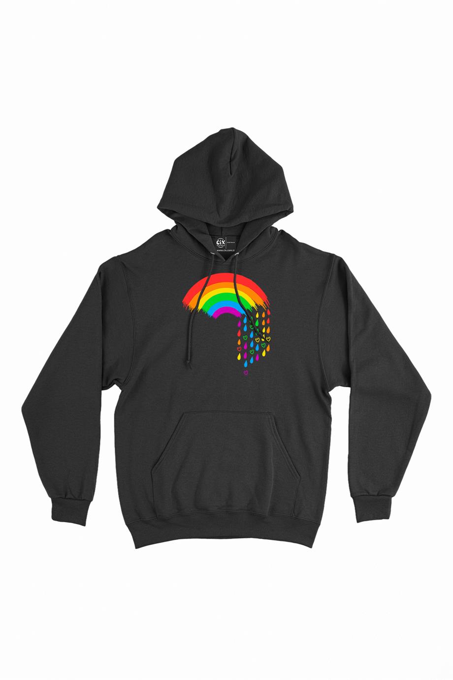 Renkli Gökkuşağı Kalpli Kapşonlu Sweatshirt Hoodie
