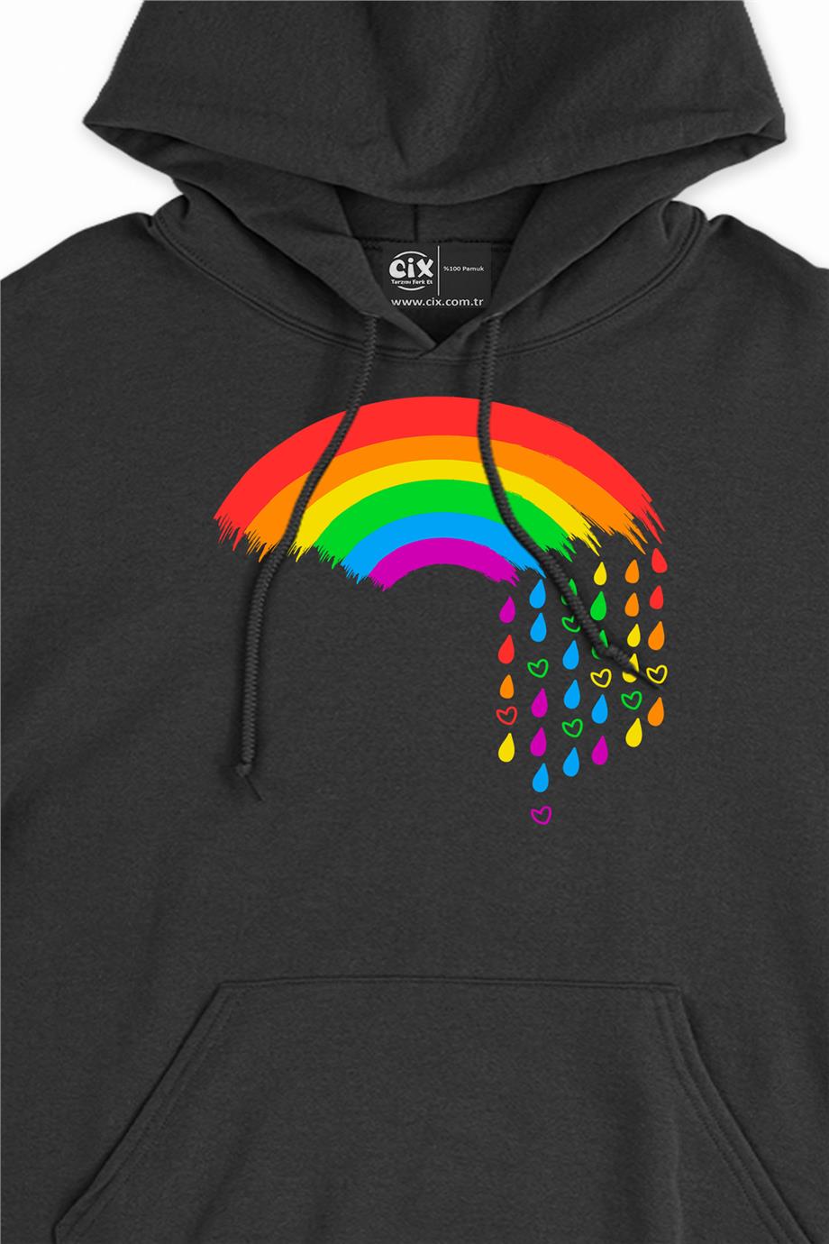 Renkli Gökkuşağı Kalpli Kapşonlu Sweatshirt Hoodie