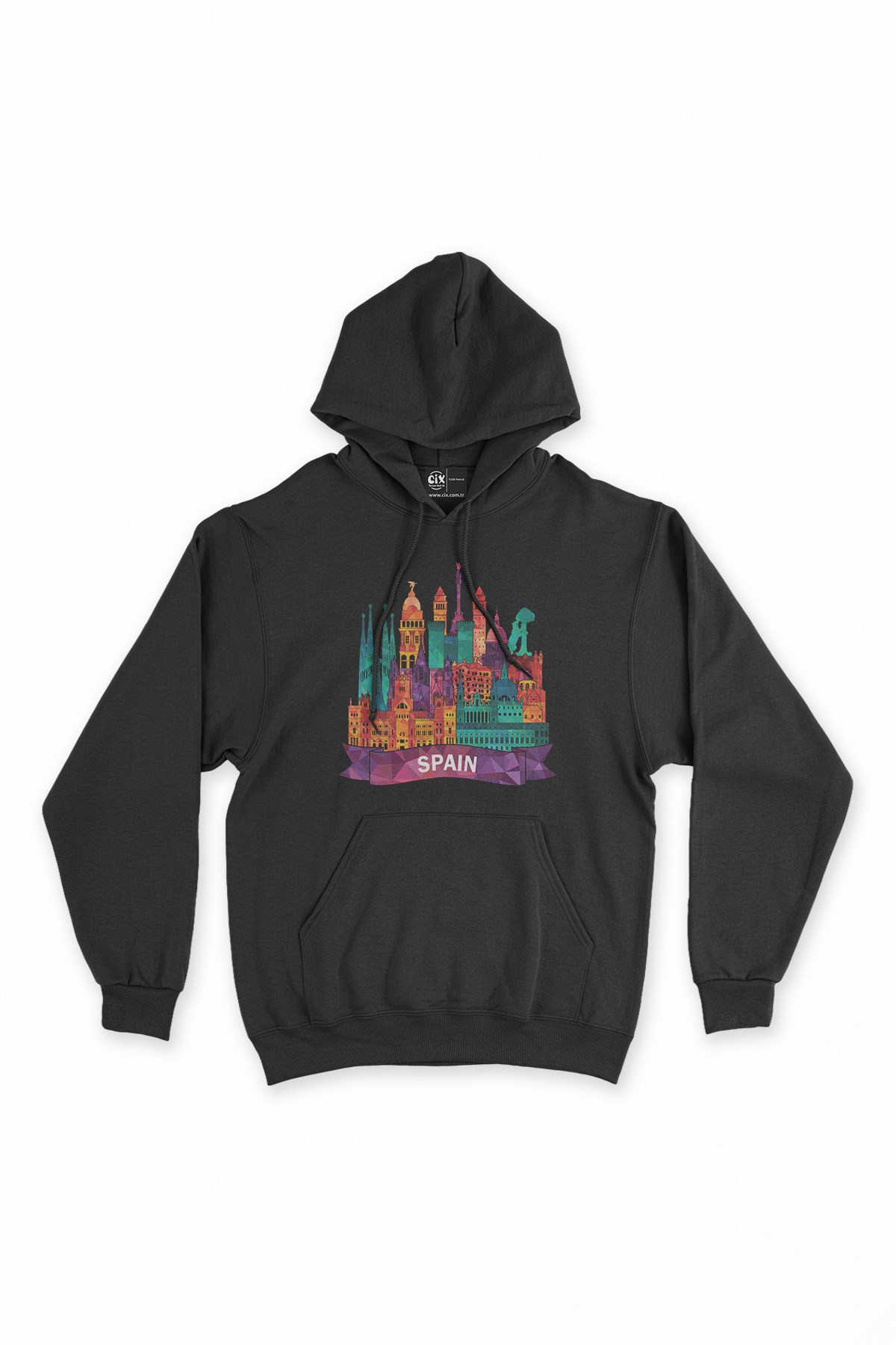 Renkli İspanya İllüstrasyon Siyah Kapşonlu Sweatshirt Hoodie