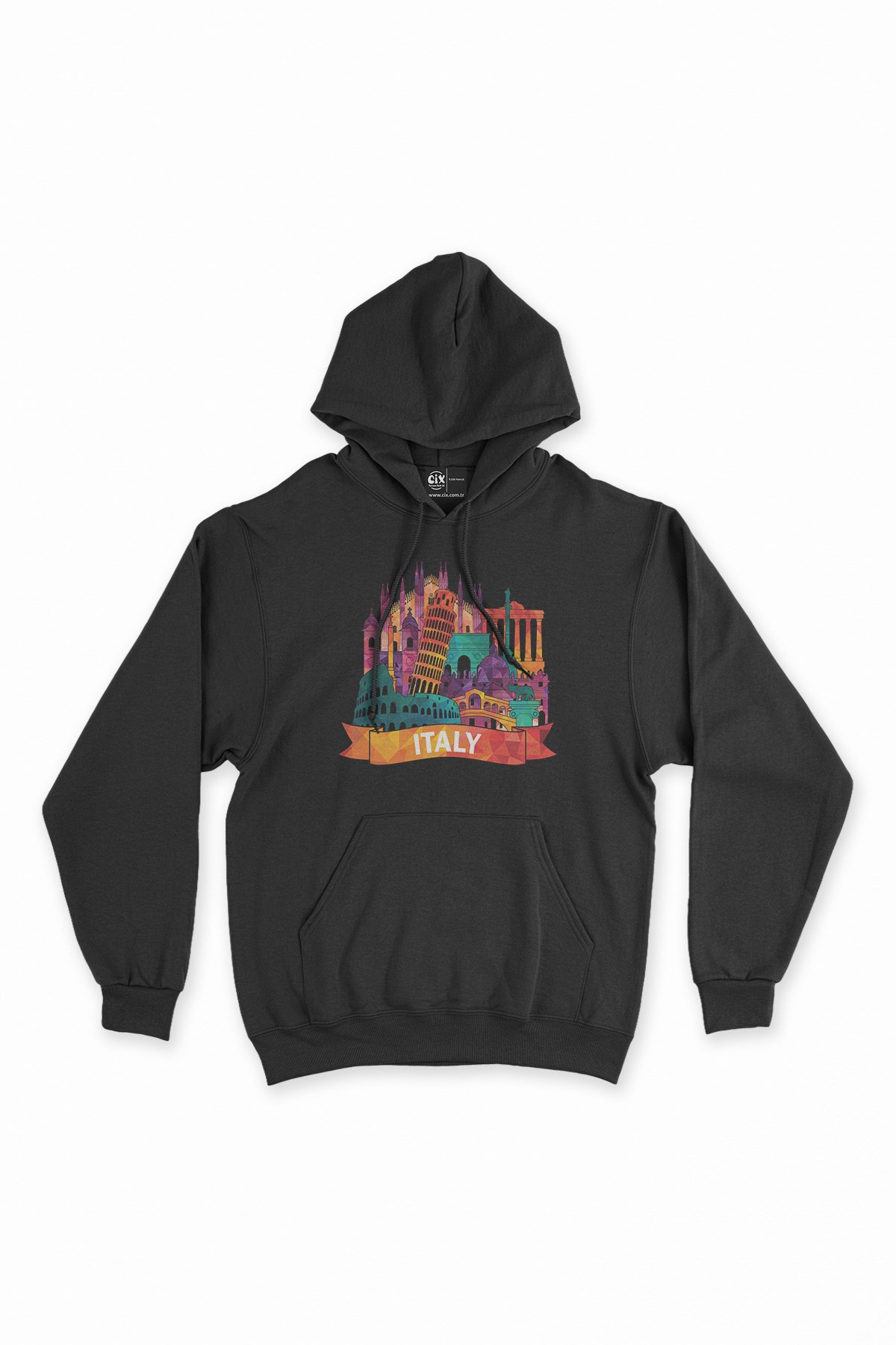 Renkli İtalya İllüstrasyon Siyah Kapşonlu Sweatshirt Hoodie