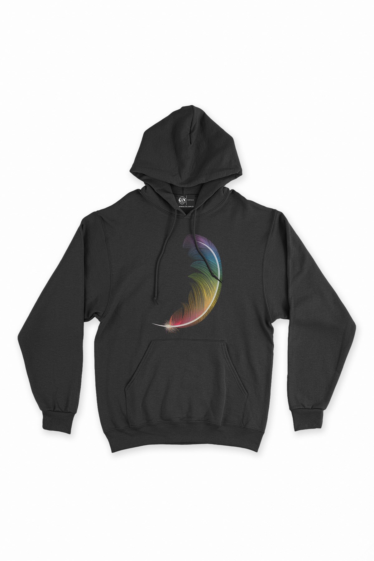 Renkli Kuş Tüyü Siyah Kapşonlu Sweatshirt Hoodie