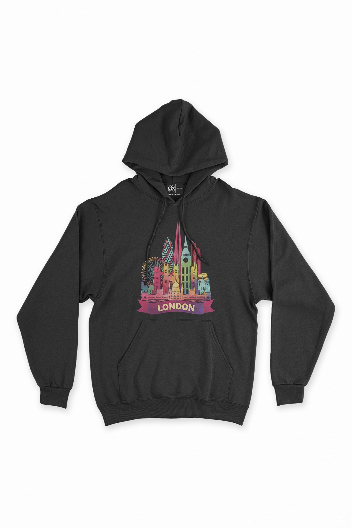 Renkli Londra İllüstrasyon Siyah Kapşonlu Sweatshirt Hoodie