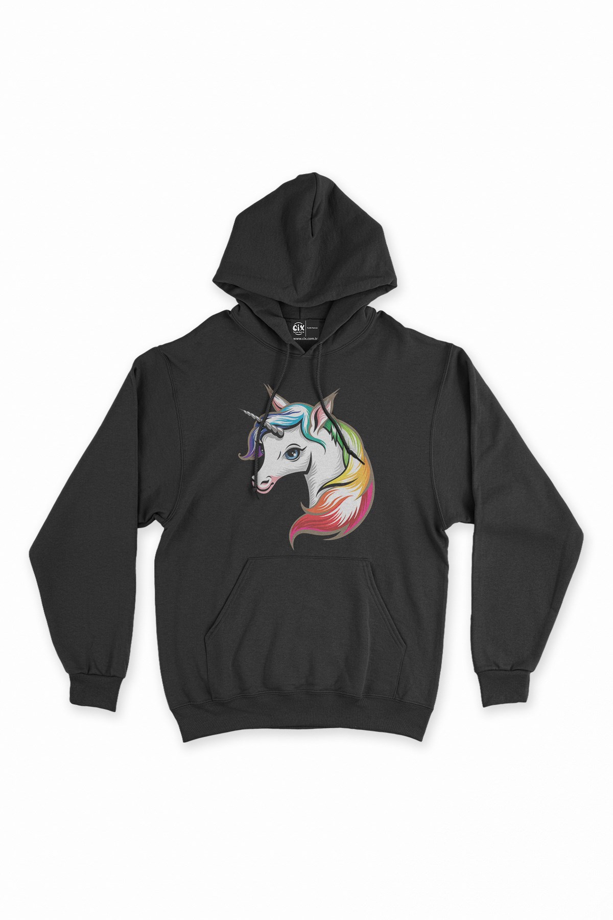 Renkli Unicorn Siyah Kapşonlu Sweatshirt Hoodie
