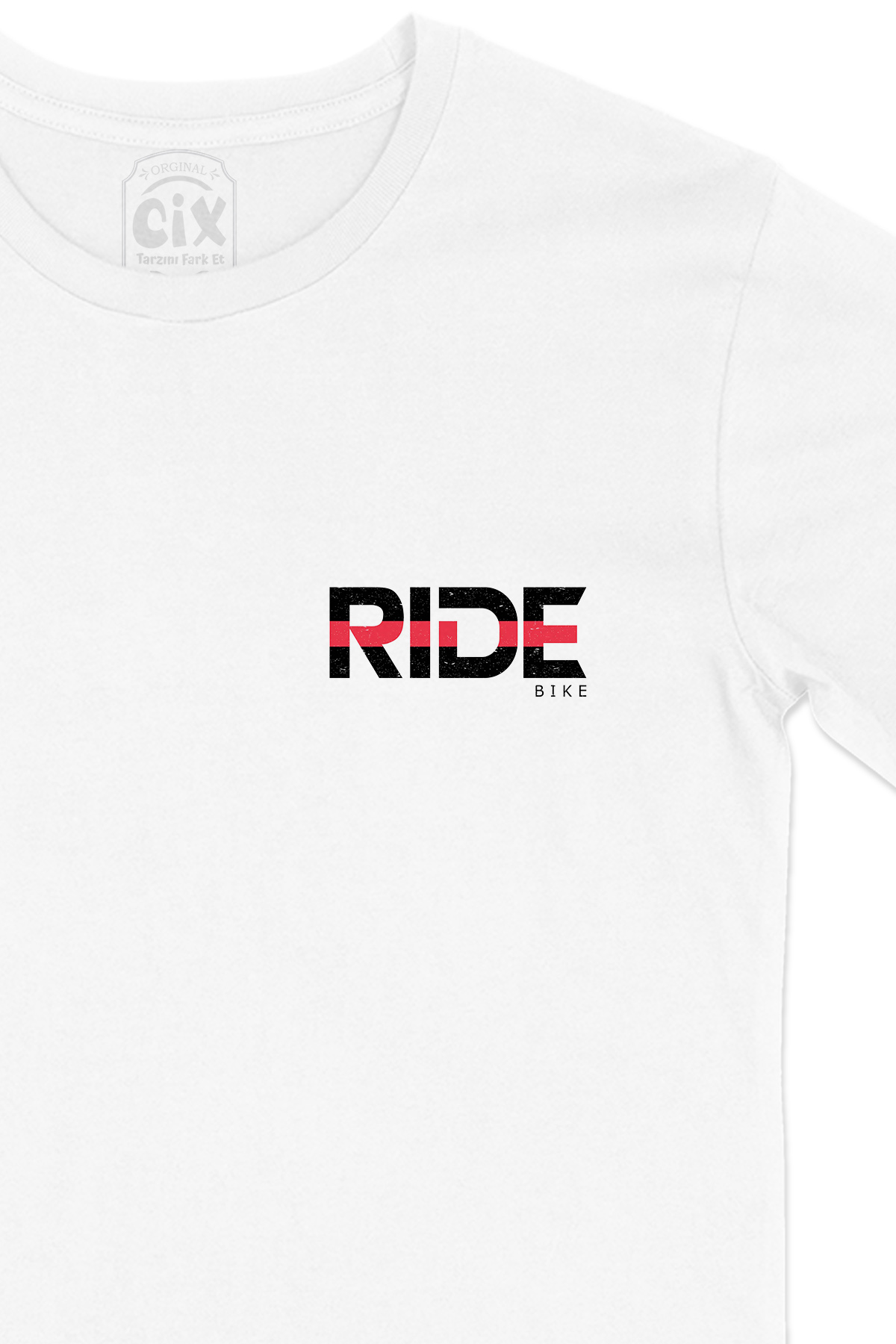 Ride Bike Bisikletçi Cep Logo Tasarımlı Beyaz Tişört