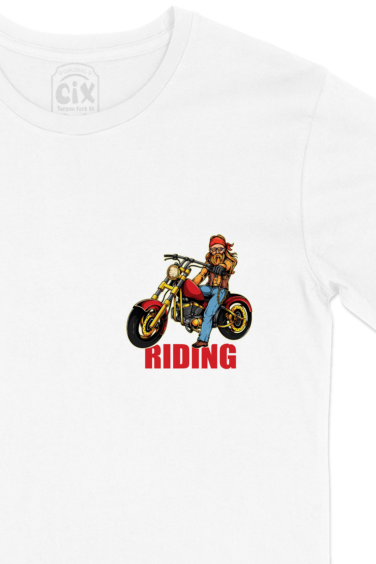 Riding Motor Cep Logo Tasarımlı Beyaz Tişört