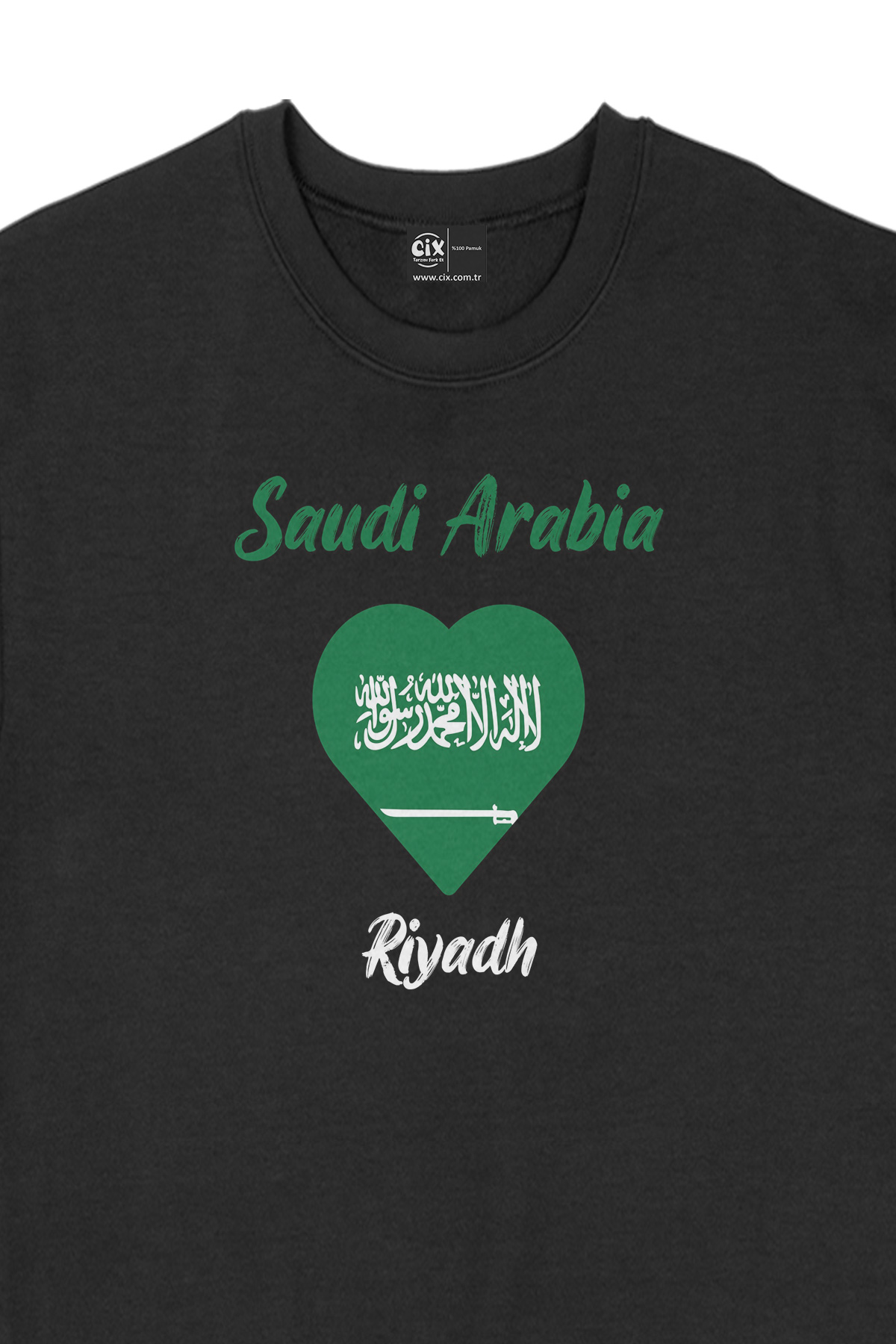 Riyad Suudi Arabistan Bayraklı Kalpli Siyah Sweatshirt