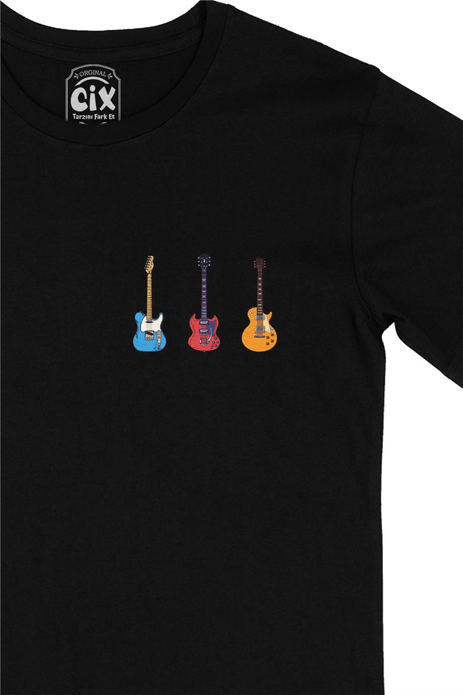 Rock Gitar Tasarımlı Cep Tasarım Baskılı Siyah Tişört