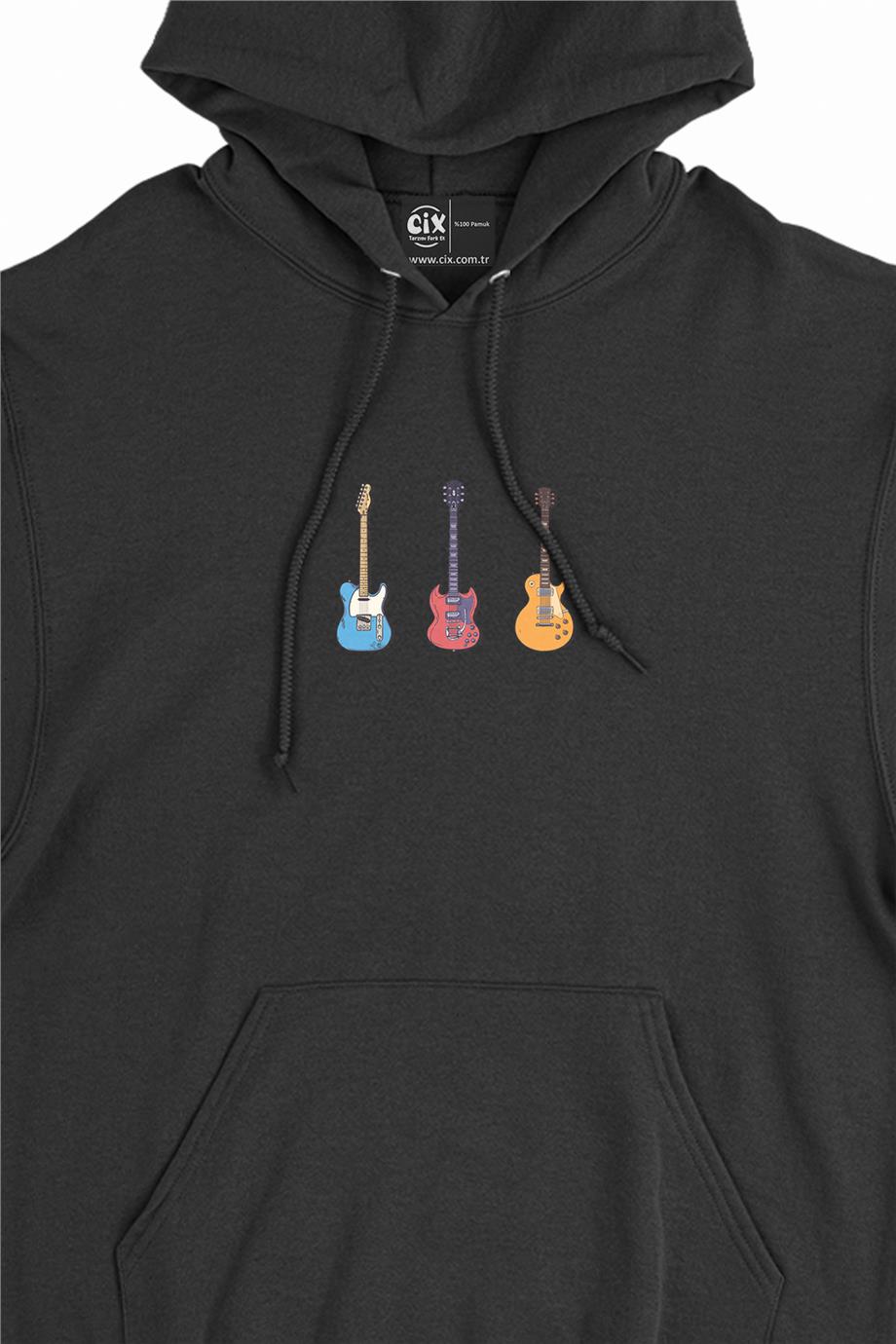 Rock Gitar Tasarımlı Minimal Kapşonlu Sweatshirt Hoodie