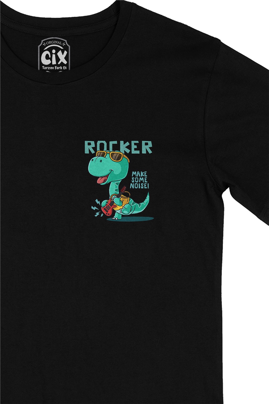 Rocker Dinozor Cep Logo Tasarımlı Siyah Tişört