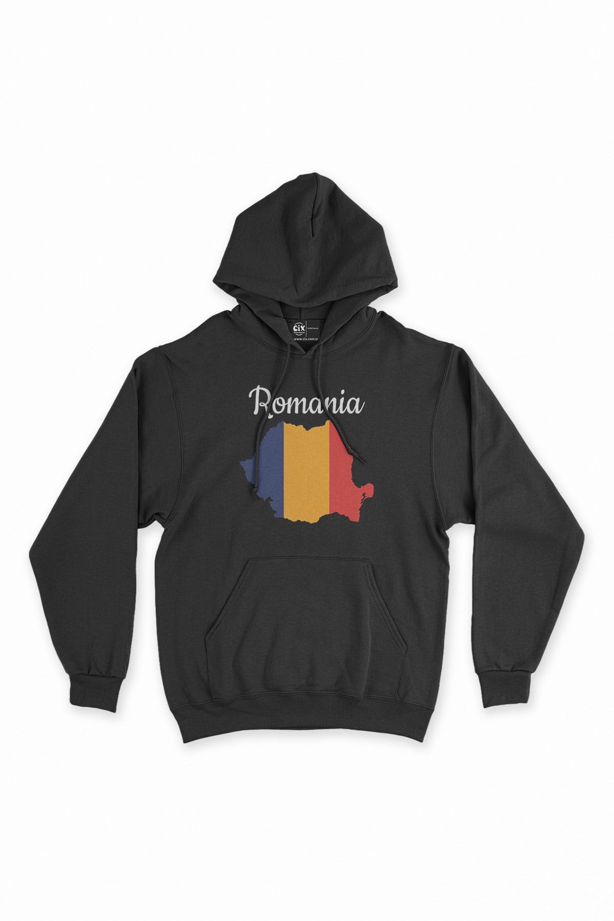 Romanya Haritalı ve Bayraklı Siyah Kapşonlu Sweatshirt Hoodie