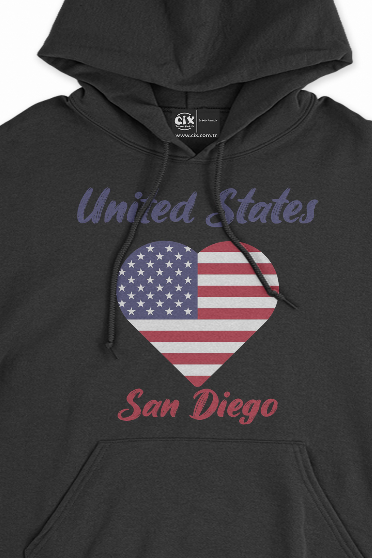 San Diego Amerika Bayraklı Kalpli Siyah Sweatshirt Hoodie