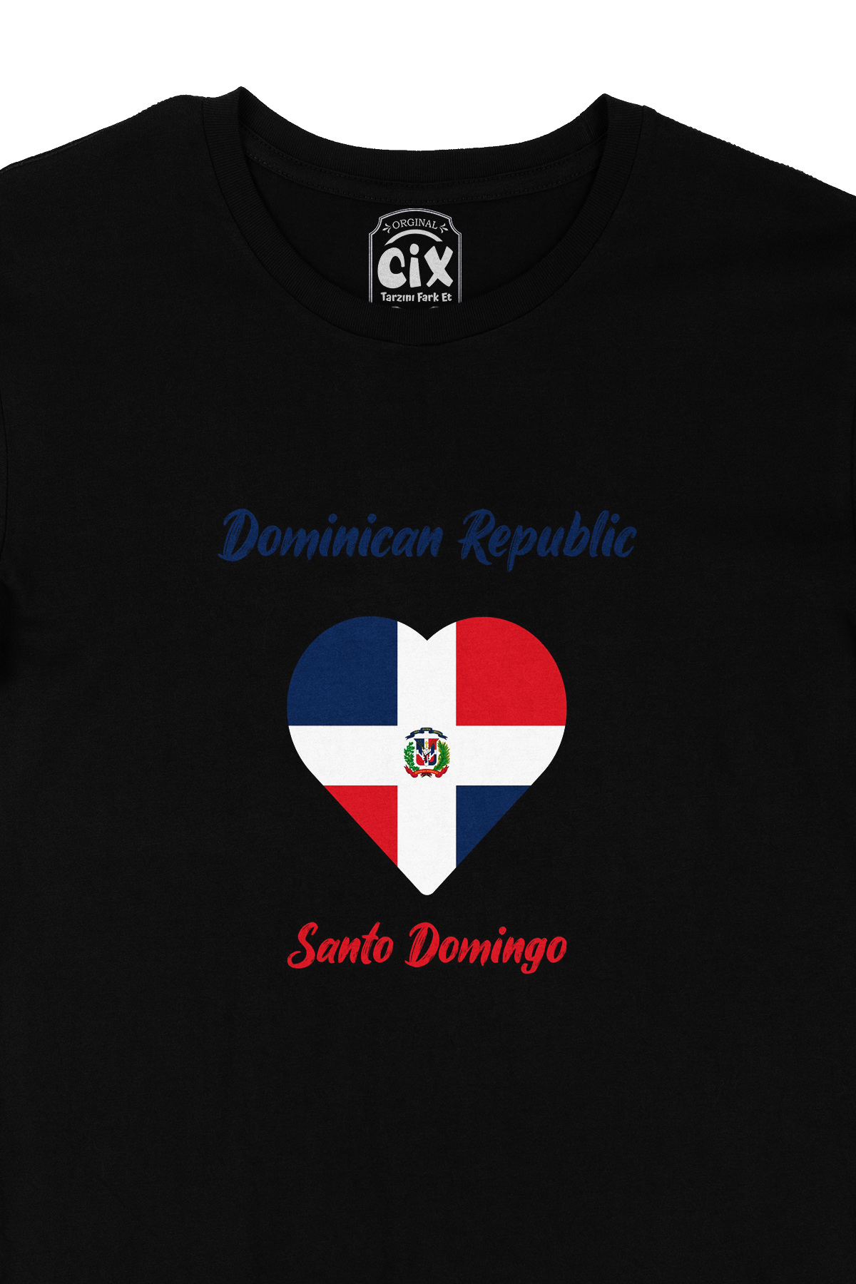 Santo Domingo Dominik Bayraklı Kalpli Siyah Tişört