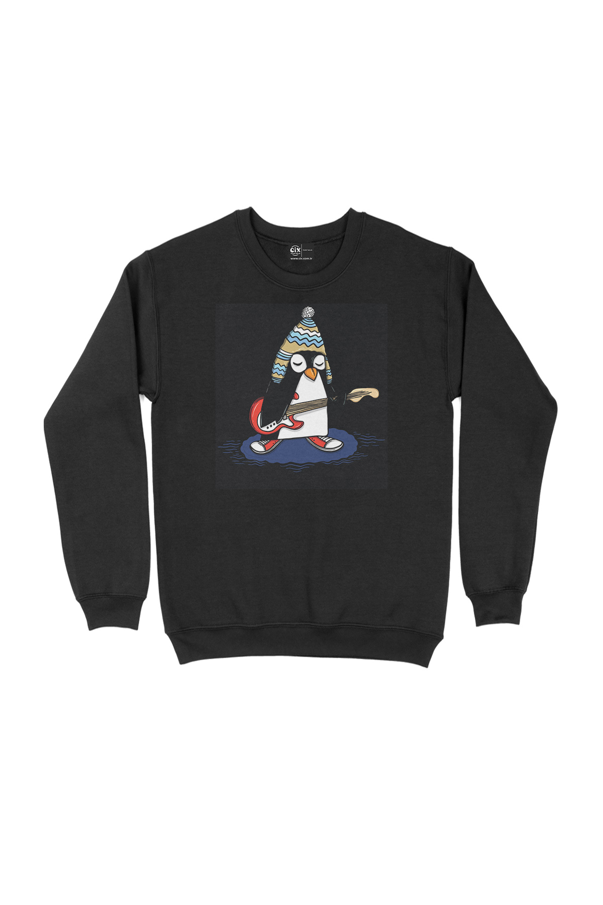 Şapkalı Gitarcı Rocker Penguen Siyah Sweatshirt
