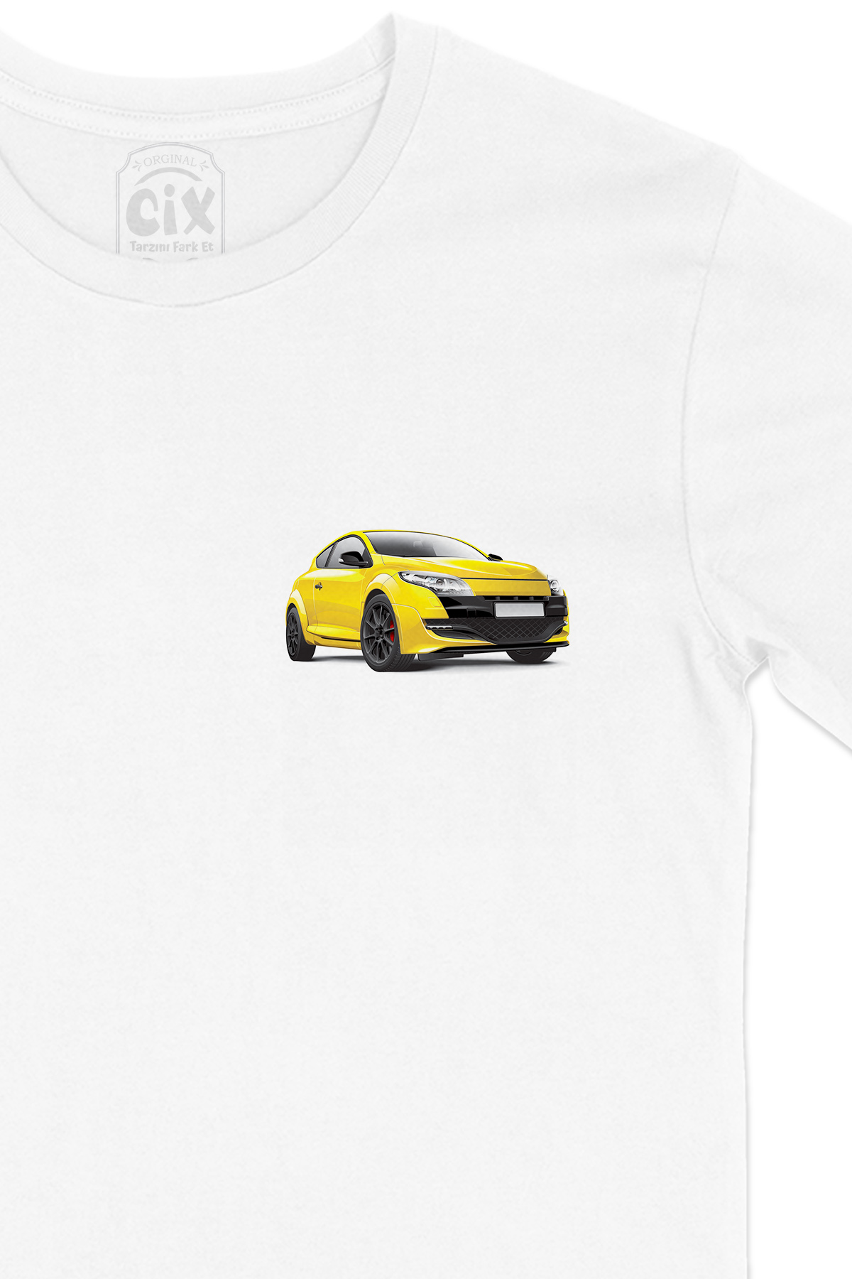 Sarı Coupe Araba Cep Logo Tasarımlı Beyaz Tişört