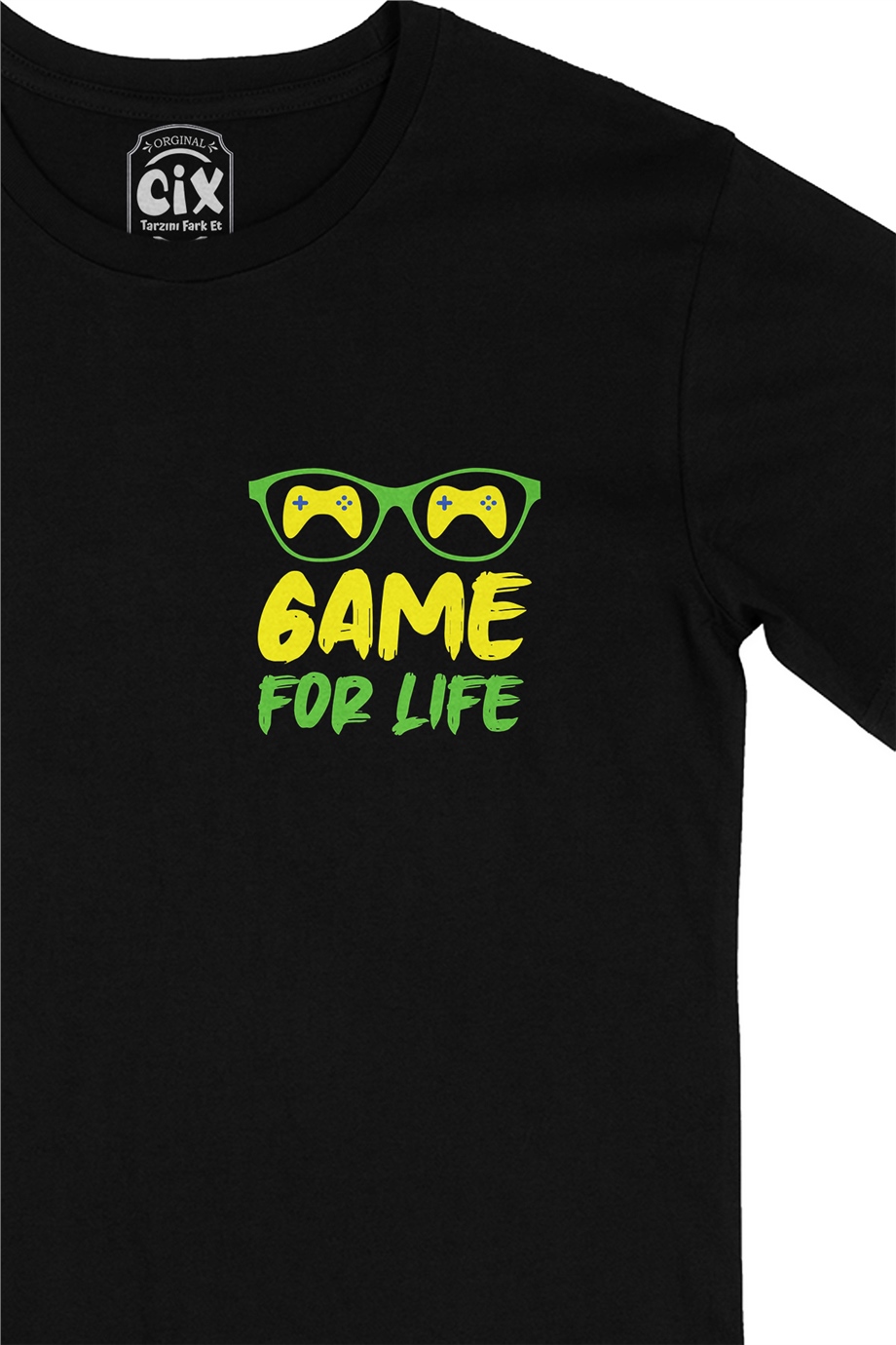 Sarı Game For Life Cep Logo Tasarımlı Siyah Tişört