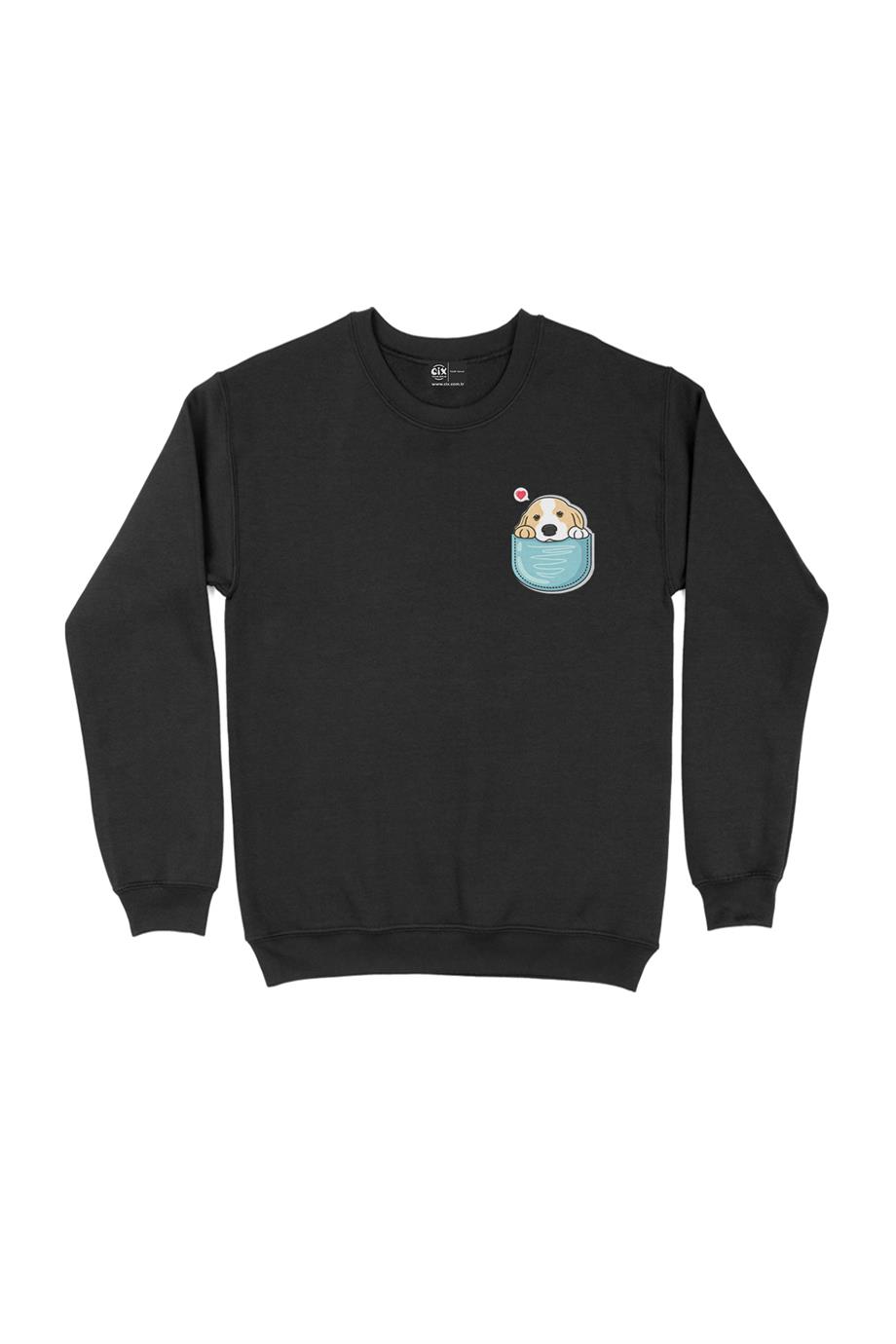 Sevimli Köpek Cep Tasarım Baskılı Sweatshirt