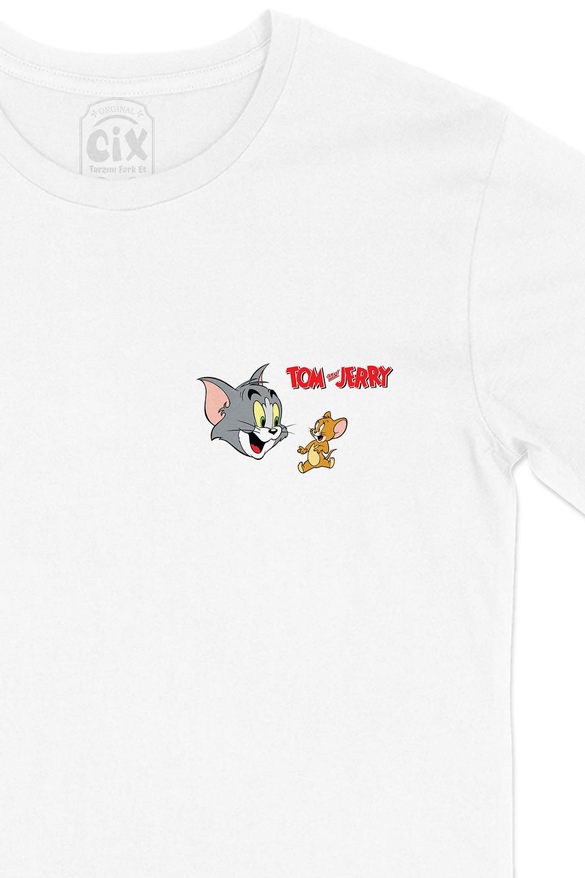 Sevimli Tom ve Jerry Cep Logo Tasarımlı Beyaz Tişört