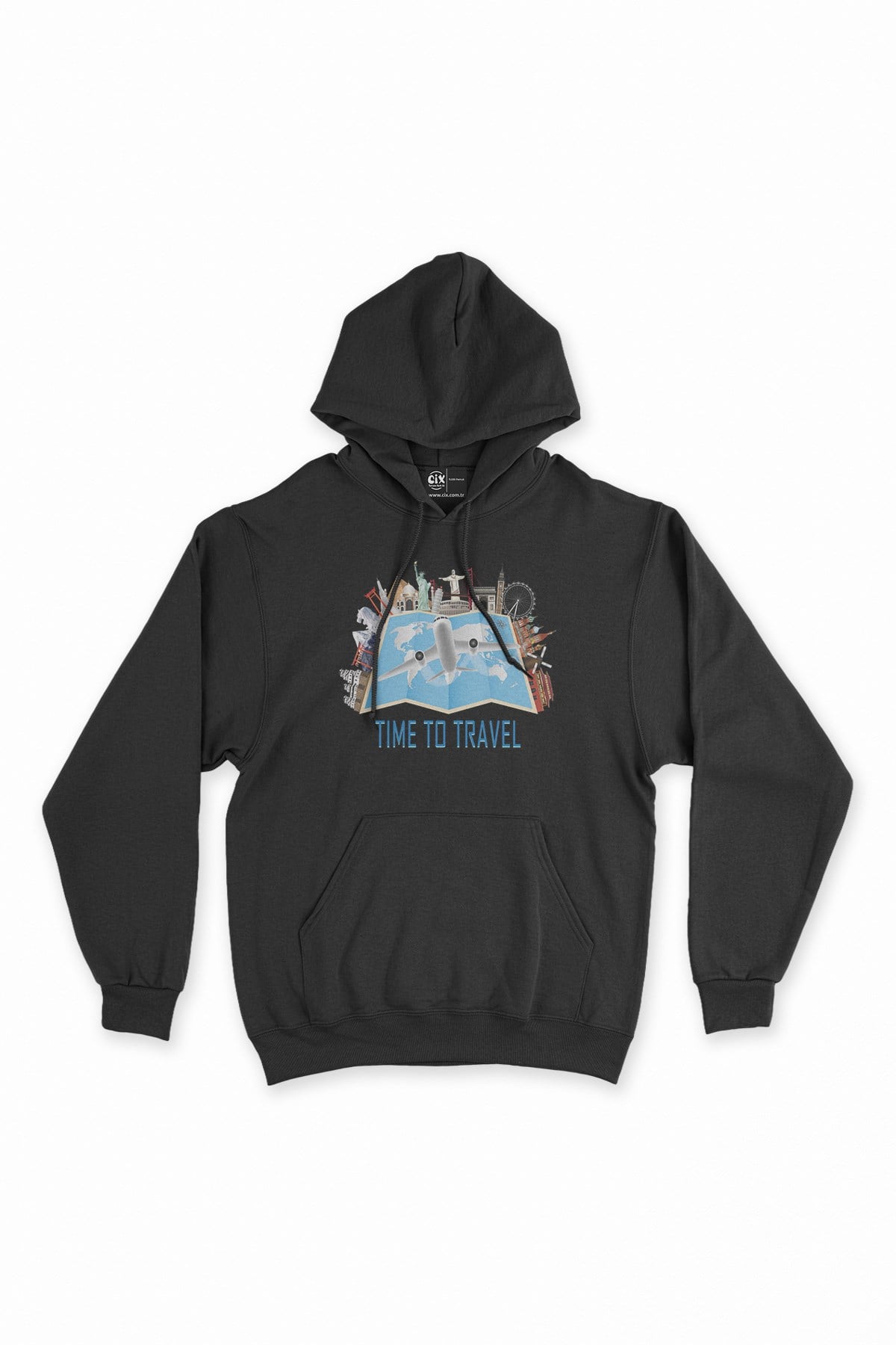 Seyahat Haritası Siyah Kapşonlu Sweatshirt Hoodie