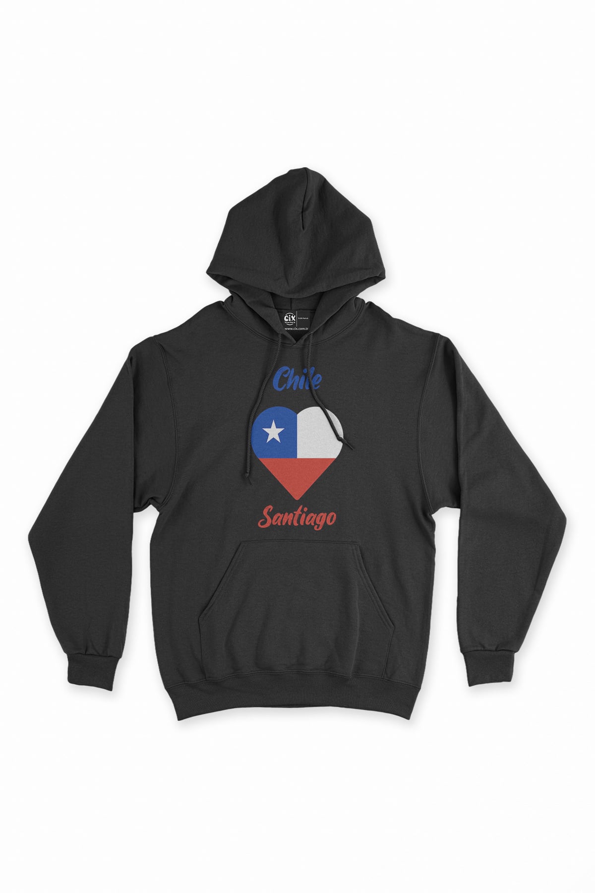 Şili Santiago Bayraklı Kalpli Siyah Sweatshirt Hoodie