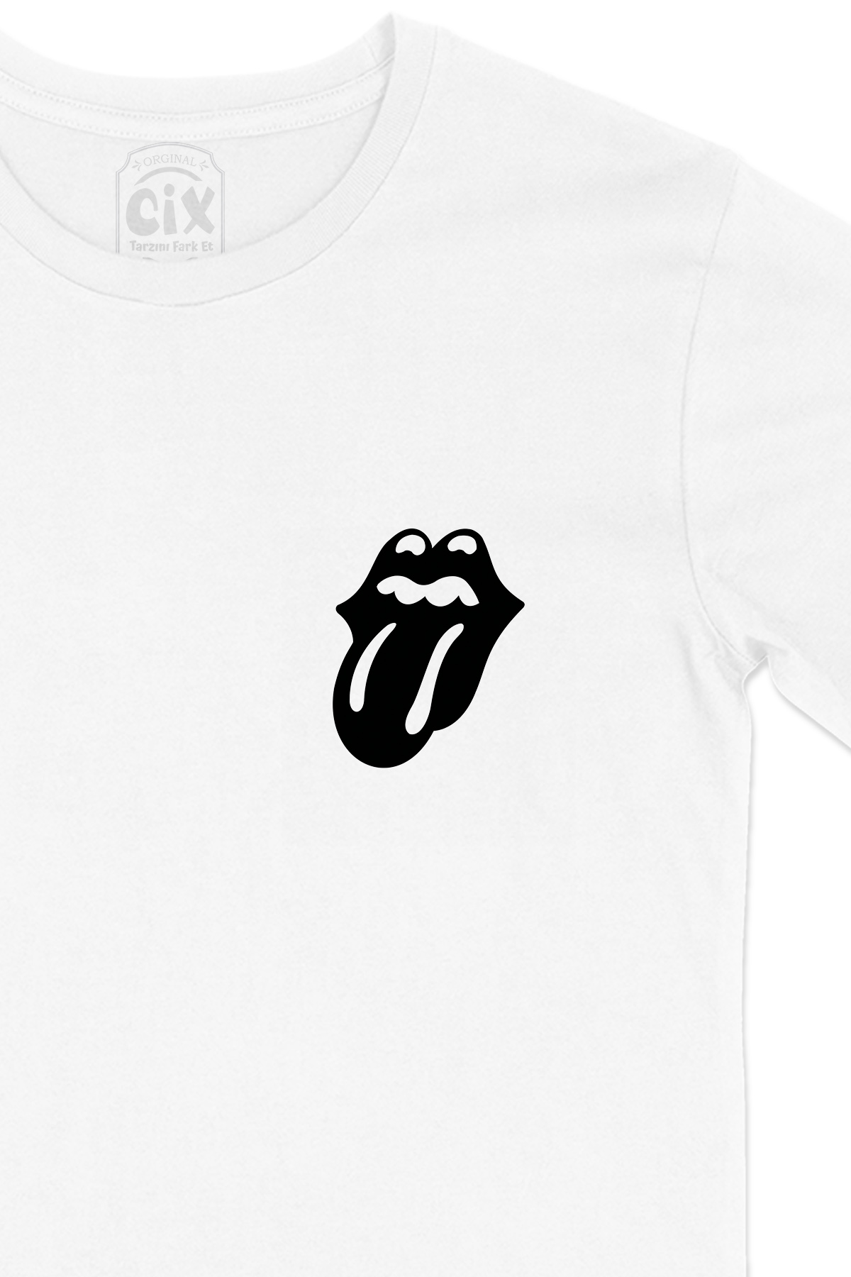 Siyah Rolling Stones Cep Logo Tasarımlı Beyaz Tişört