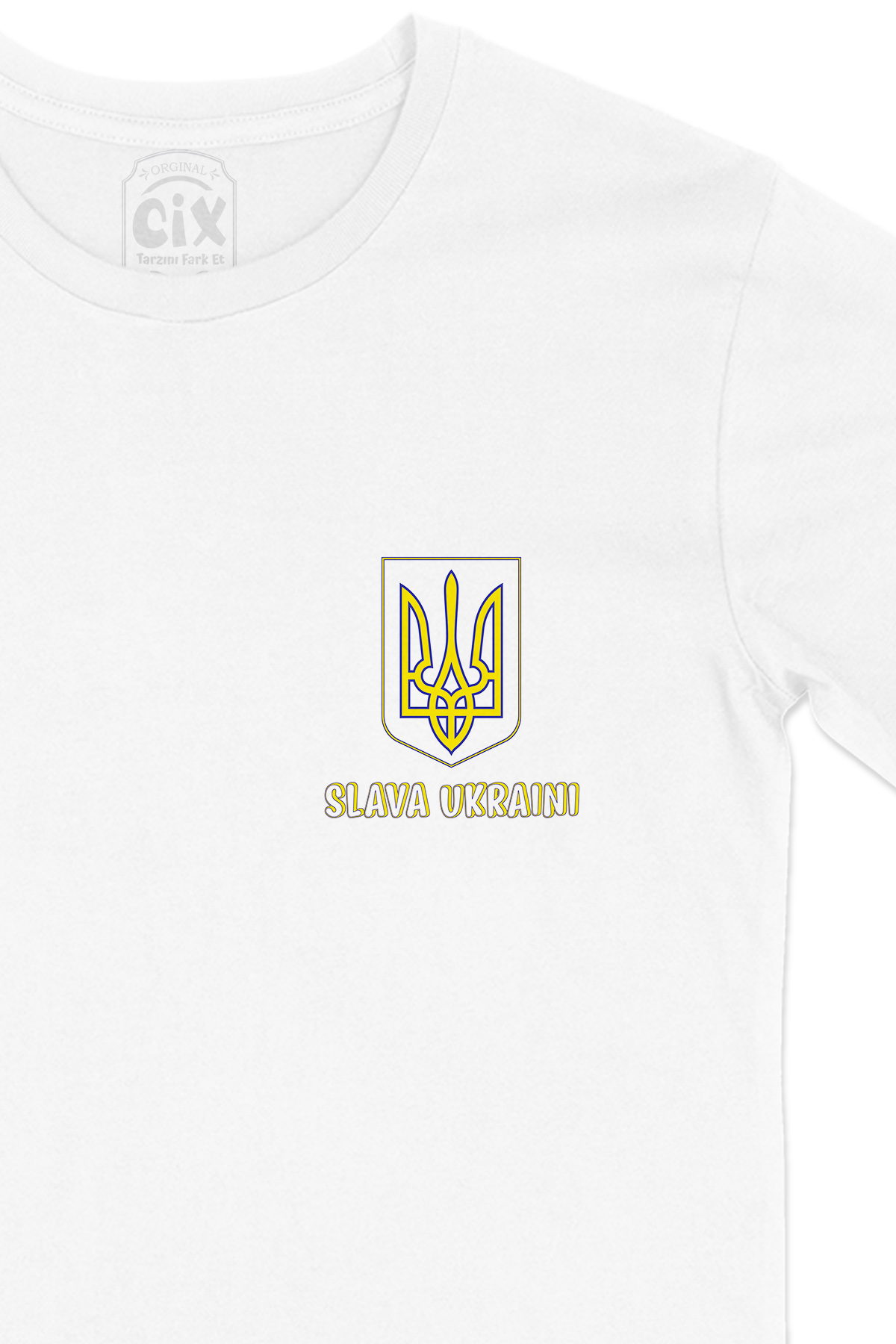 Slava Ukraini Logo Cep Logo Tasarımlı Beyaz Tişört