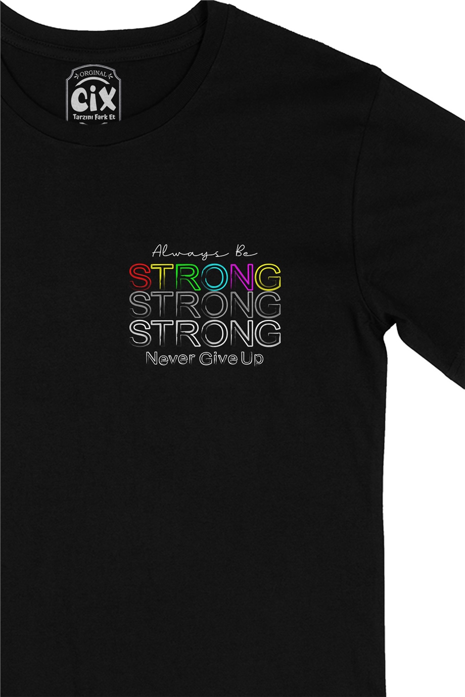Strong Güçlü Ol Cep Logo Tasarımlı Siyah Tişört