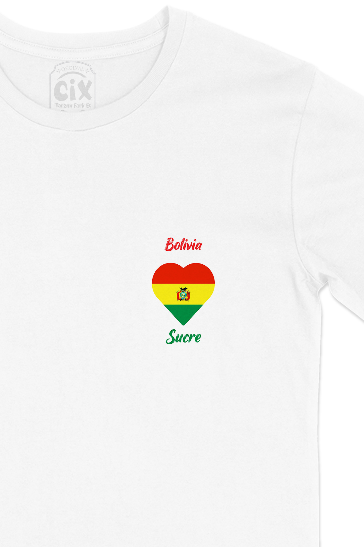 Sucre Bolivya Bayraklı Kalpli Cep Logo Tasarımlı Beyaz Tişört