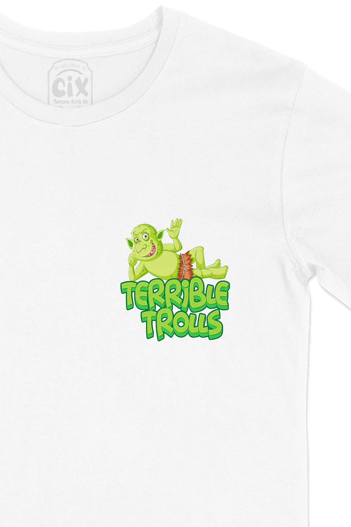 Terrible Trolls Cep Logo Tasarımlı Beyaz Tişört